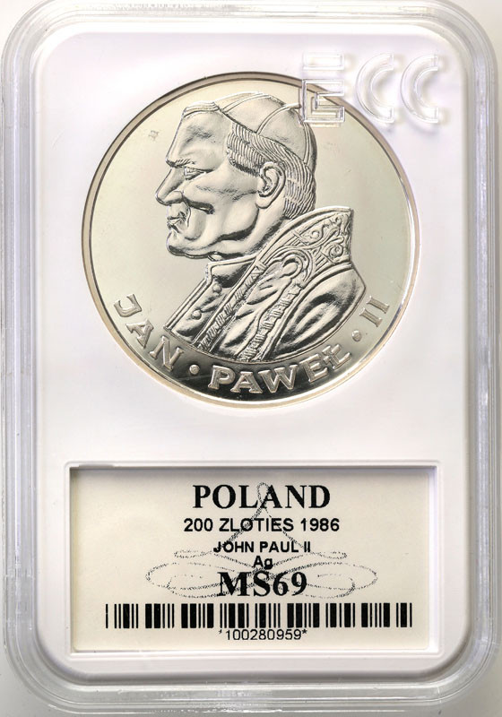 PRL. 200 złotych 1986 Papież Jan Paweł II stempel zwykły GCN MS69